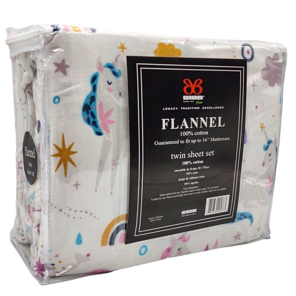BIBB Home Twin Size‎ Cotton Flannel Sheet Set 3pc Multicolor Unicorns Pattern